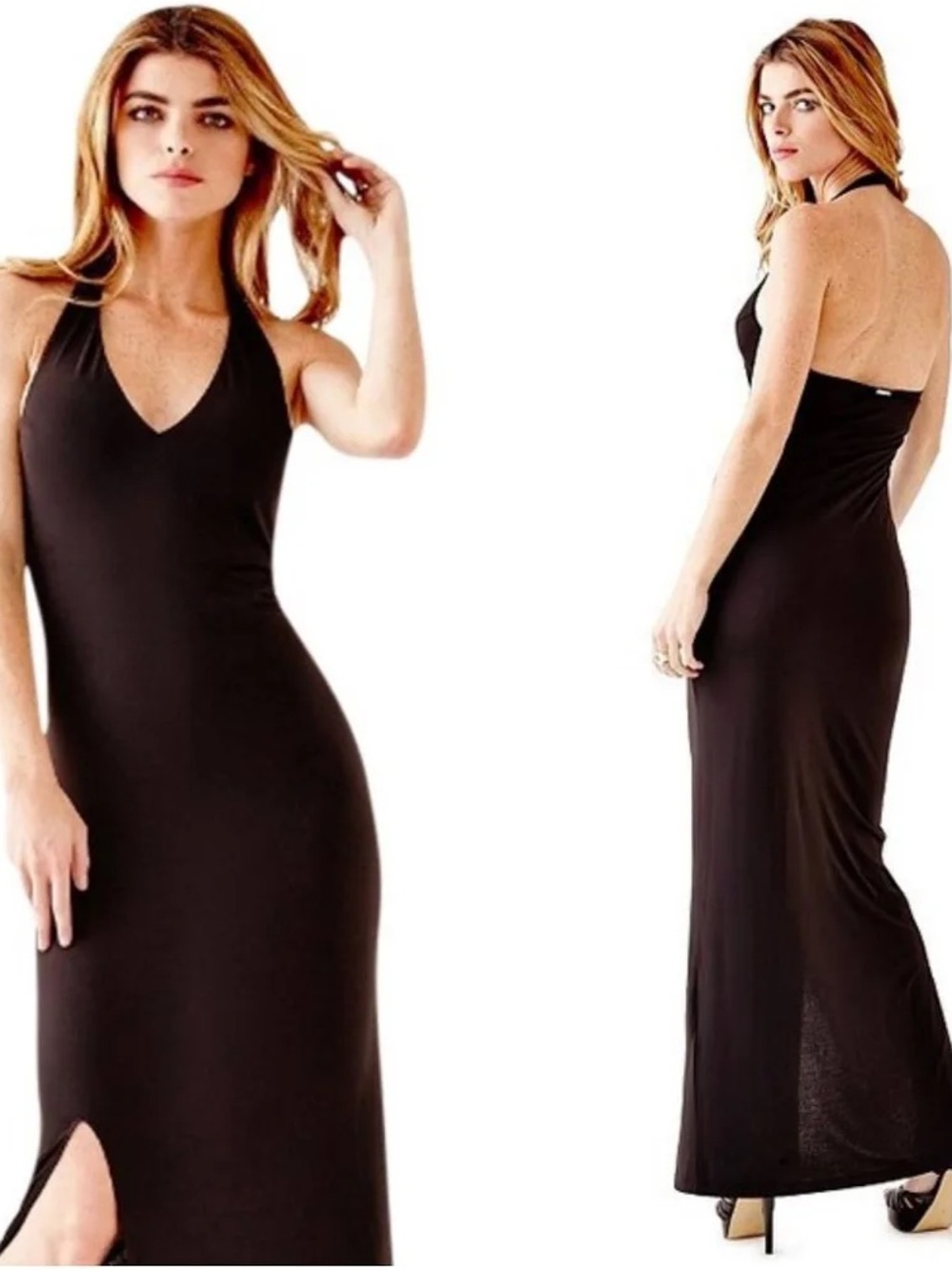 Guess Black Halter V-Neck Maxi Dress - with side slit Women